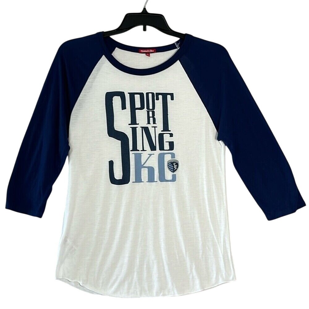 Mitchell & Ness Womens Sporting KC 3/4 Sleeve Tshirt Size XL White Blue Soccer